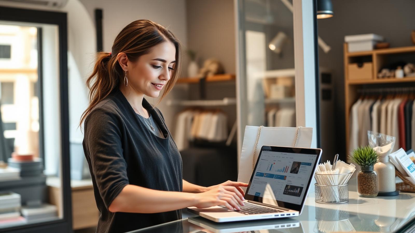 Boutique owner packing an online order while reviewing a shop dashboard on a laptop