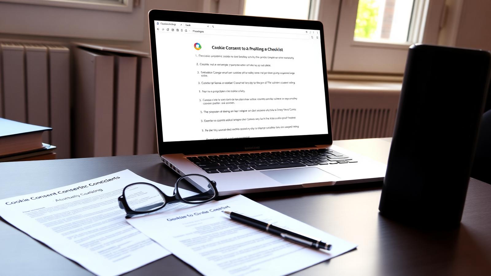 Laptop showing a cookie consent compliance checklist beside printed privacy documents