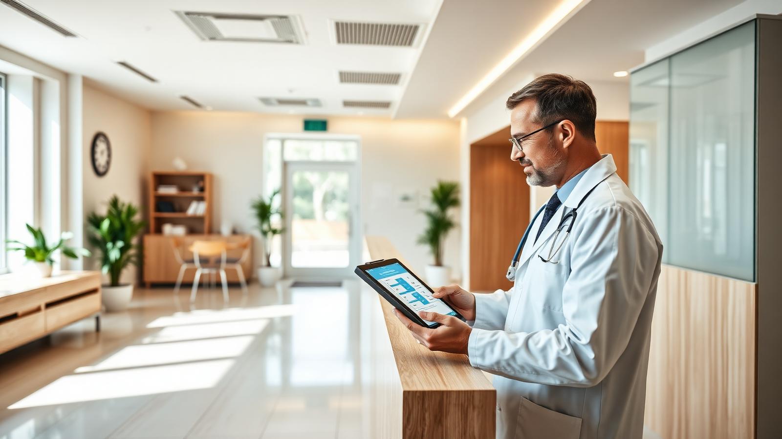 Doctor reviewing an online patient appointment portal on a tablet in a modern clinic
