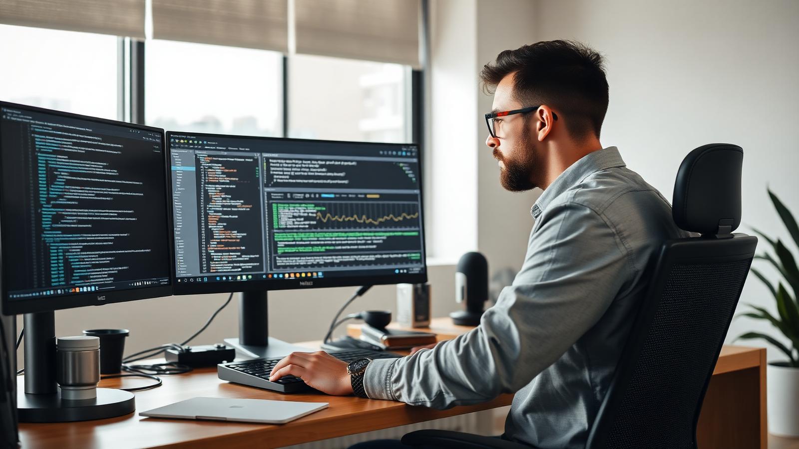Engineer monitoring website performance and code on two screens in a quiet office