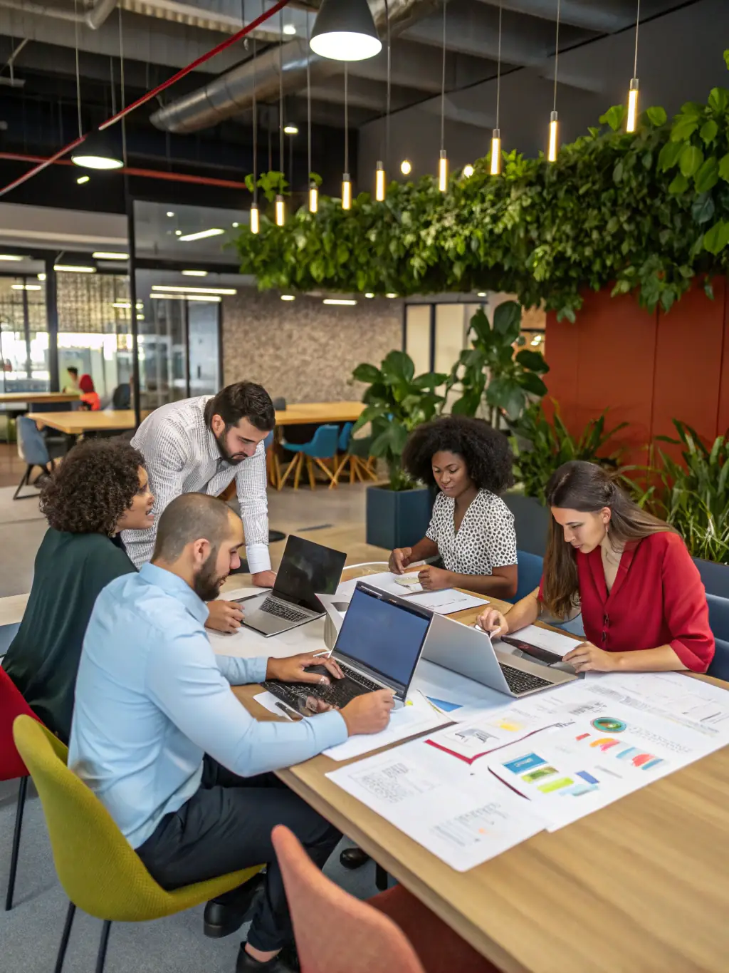 A modern office with professionals working on laptops, showcasing high-speed internet connectivity.