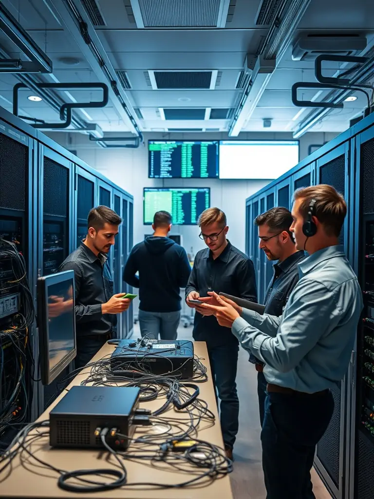 IT professionals setting up network equipment in a server room.