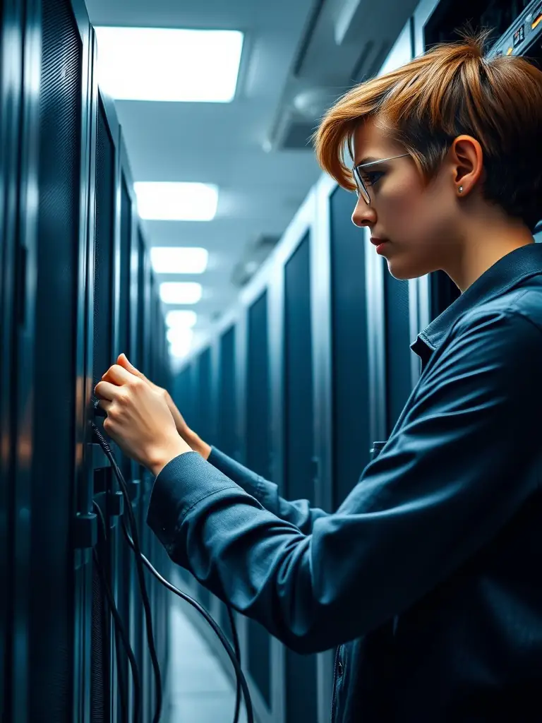 A network engineer configuring a server rack in a modern server room.